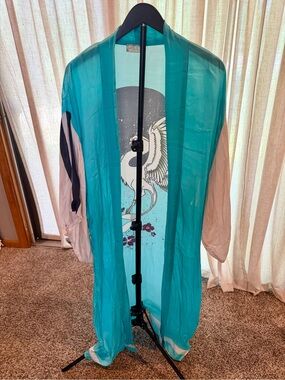 Free People Teal and White Sheer Long Robe